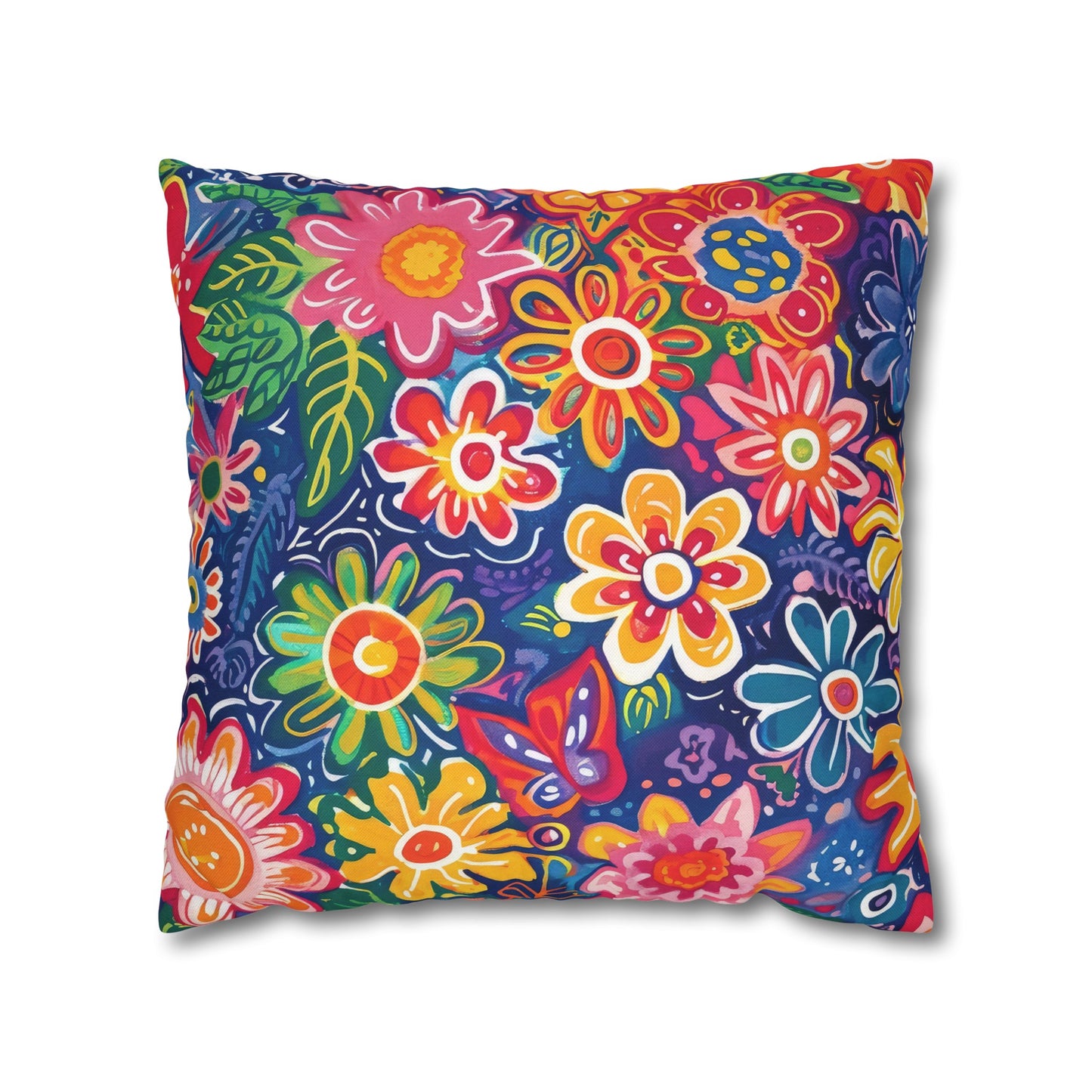 Fluttering Kaleidoscope: Vibrant Multicolor Flowers and Butterflies in Flight Spun Polyester Square Pillowcase 4 Sizes