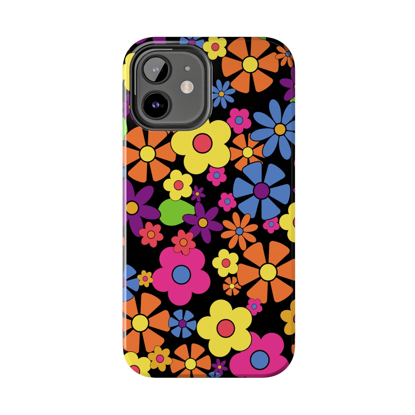 Flower Power Design on Black Background Iphone Tough Phone Case