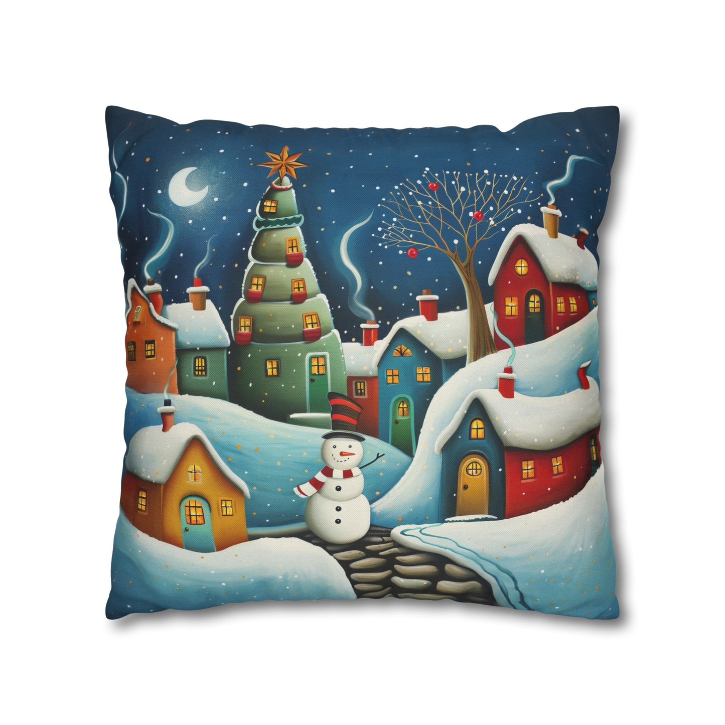 Starry Snowman Serenade: Village under a Starry Night Sky Spun Polyester Square Pillowcase 4 Sizes