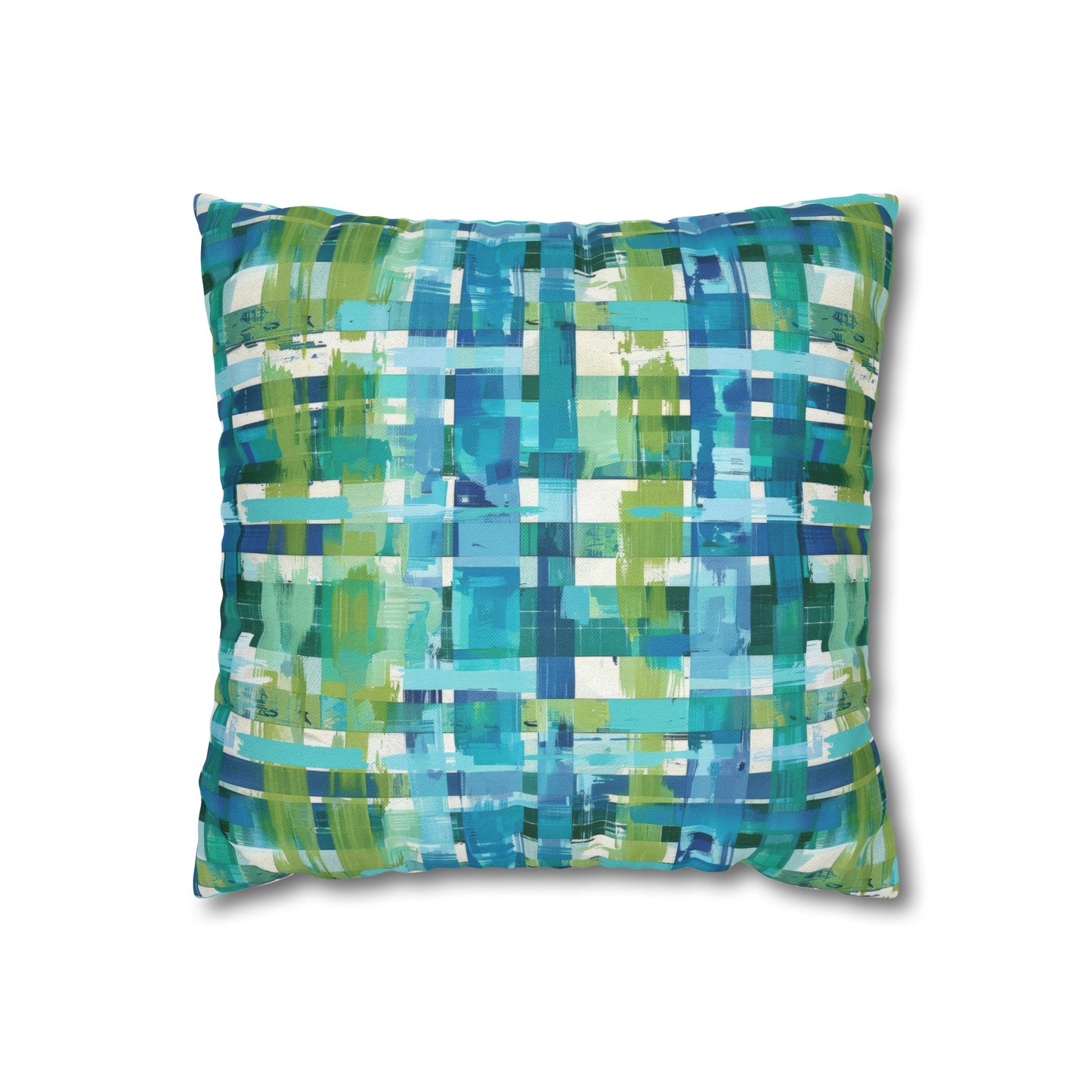 Enchanted Lagoon: Vibrant Green and Blue Abstract Plaid Spun Polyester Square Pillowcase 4 Sizes