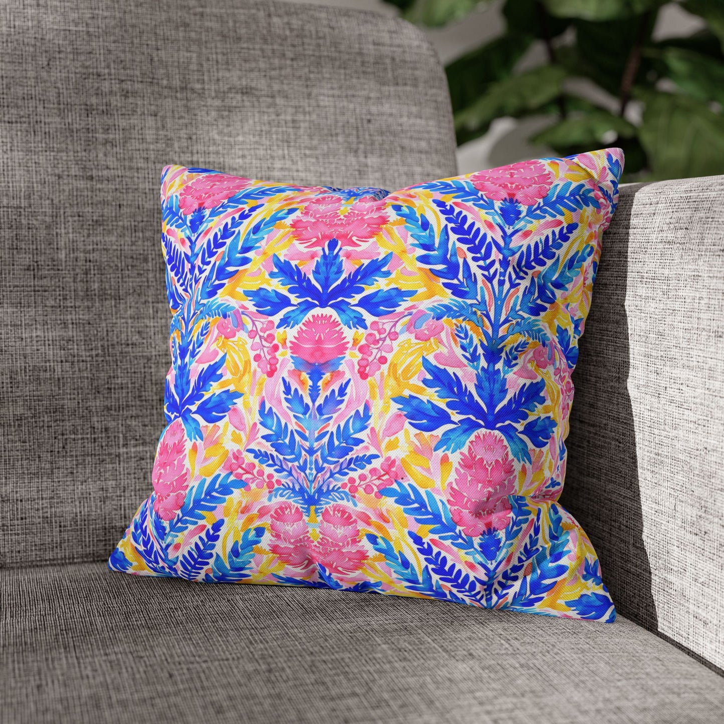 Tropical Watercolor Blooms in Vibrant Pinks and Blues Spun Polyester Square Pillowcase 4 Sizes