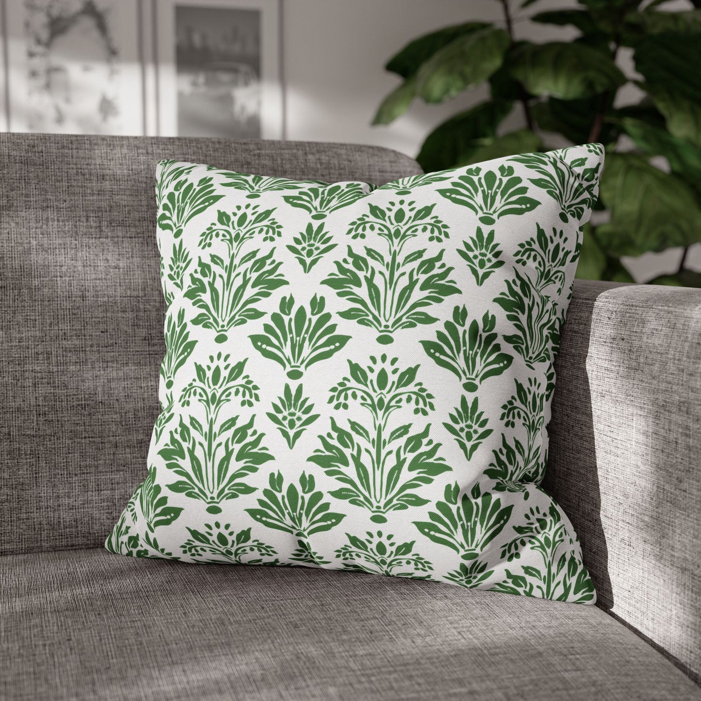 Green Floral Indian Block Print Pattern Spun Polyester Square Pillowcase 4 Sizes