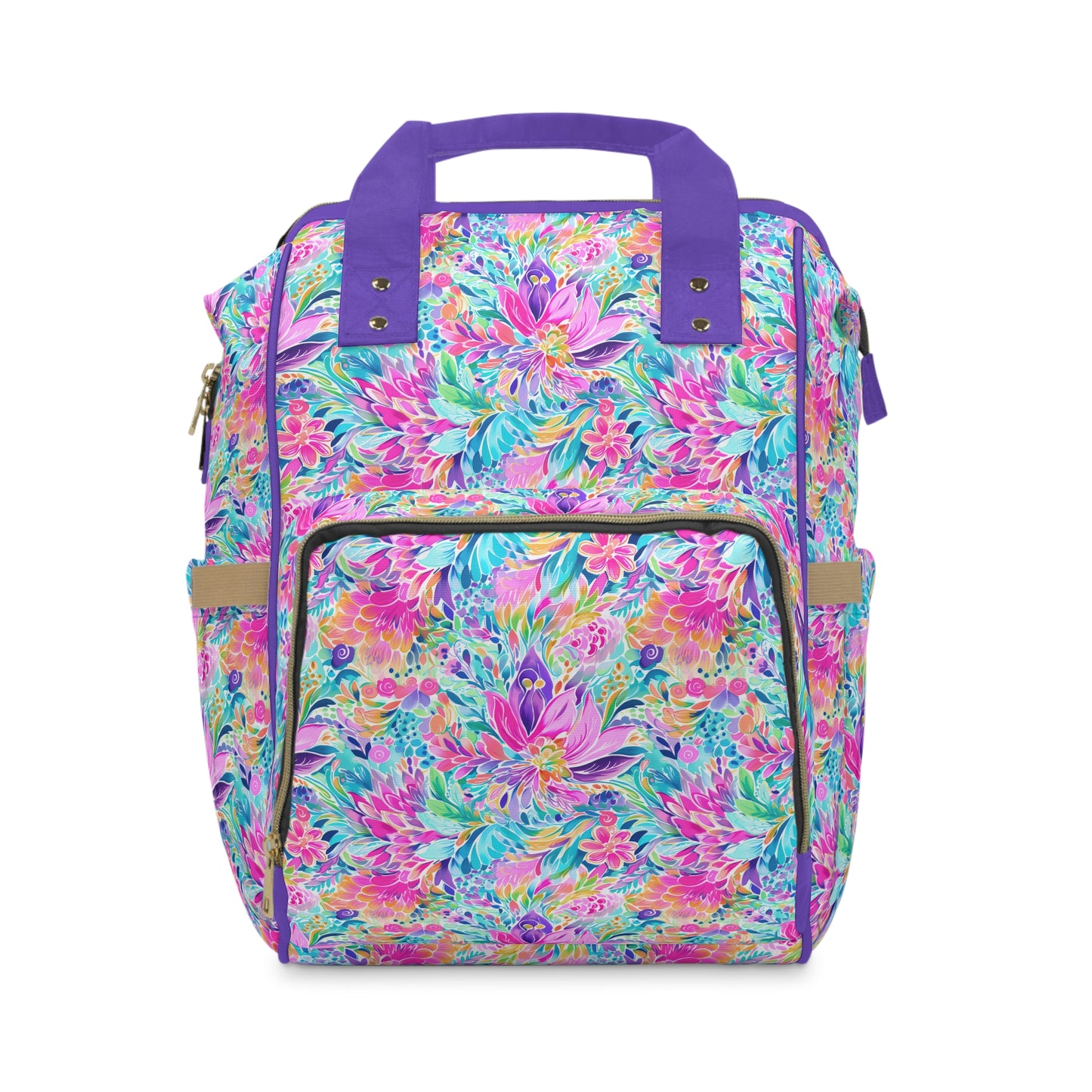 Tropical Prism: Rainbow Watercolor Flowers in Full Bloom Multifunctional Diaper Backpack