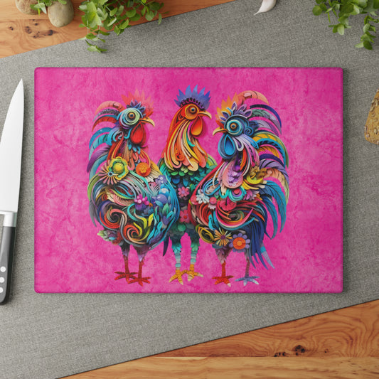 3D Abstract Floral Chickens on Pink Watercolor Background - Glass Cutting Board  8" x 11" and 11" x 15"