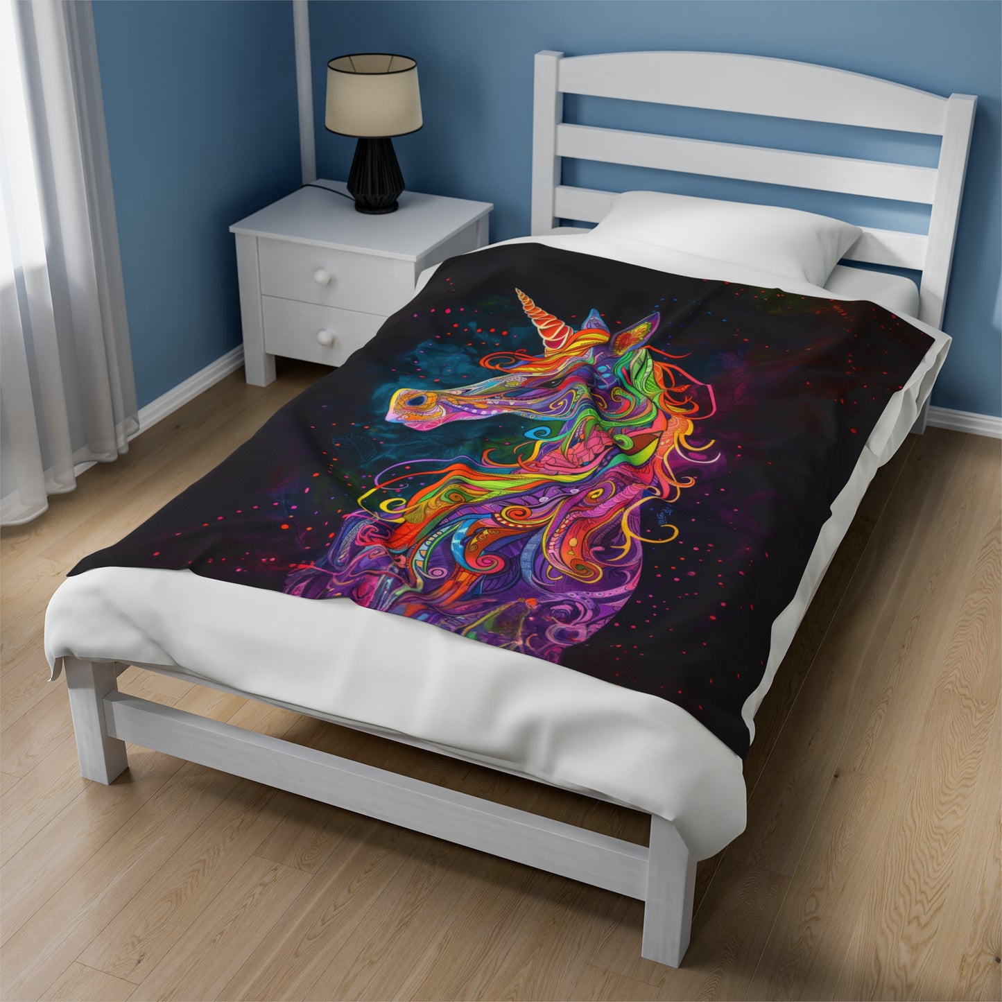 Psychedelic Neon Fantasy Rainbow Dream Unicorn Velveteen Plush Blanket 3 Sizes