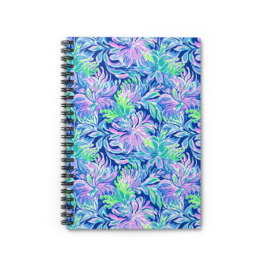 Seaside Serenade: Coastal Pink, Navy, and Green Tropical Blooms Dancing Spiral Ruled Line Notebook