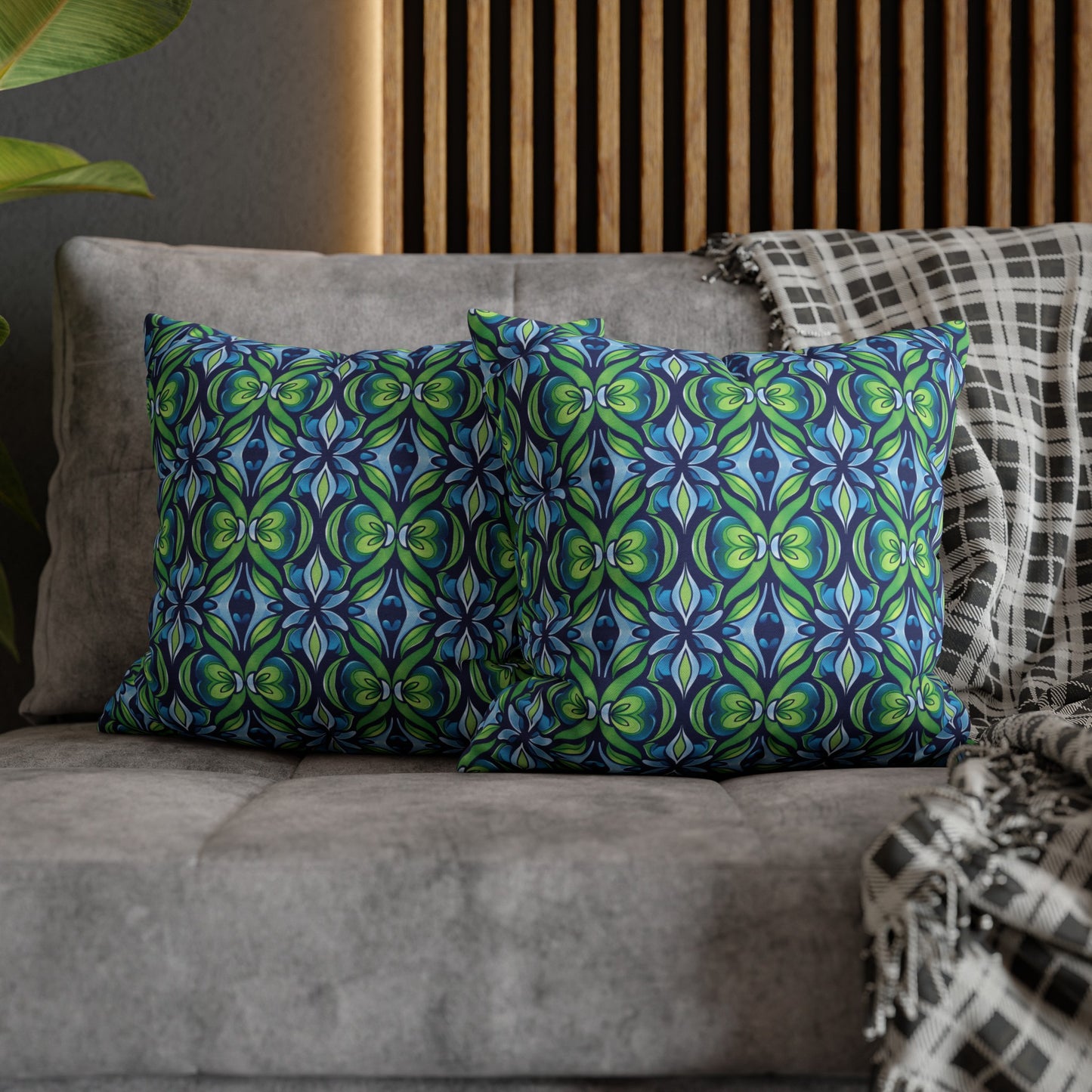 Retro Abstract Blue and Green Floral Pattern Spun Polyester Square Pillowcase 4 Sizes