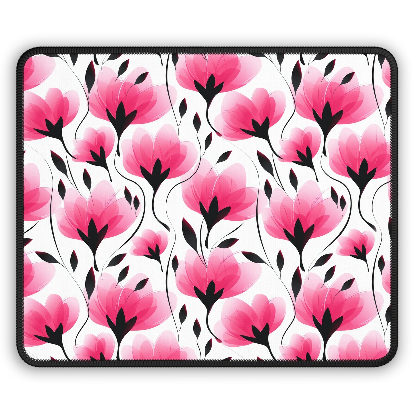 Elegant Modern Pink and Black Floral Blooms Gaming Mouse Pad with Finished Edges