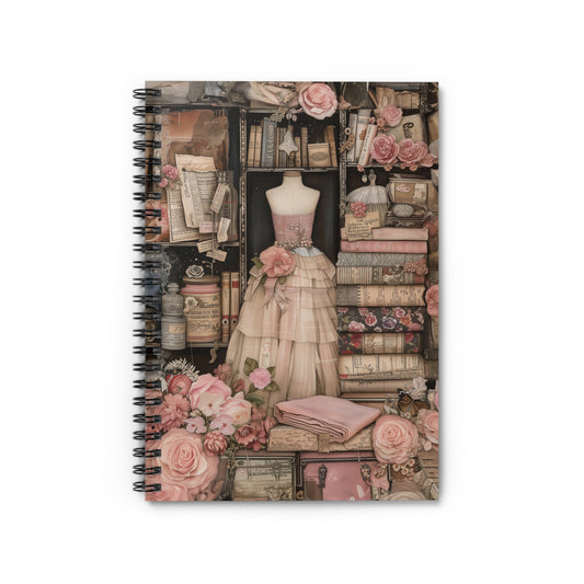 Vintage Victorian Couture Seamstress Shop adorned with Dresses and Floral Splendor- Spiral Notebook Ruled Line 6"x8"