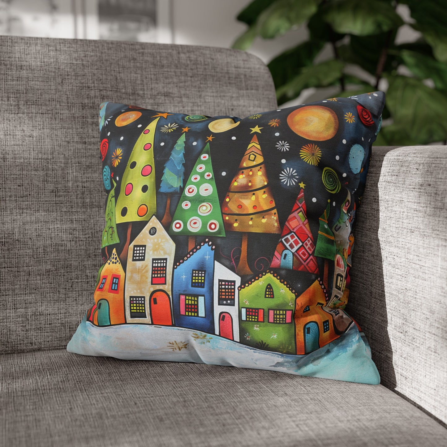 Holiday Haven: Abstract Folk Art Christmas Village Adorned with Christmas Trees Scene Spun Polyester Square Pillowcase 4 Sizes