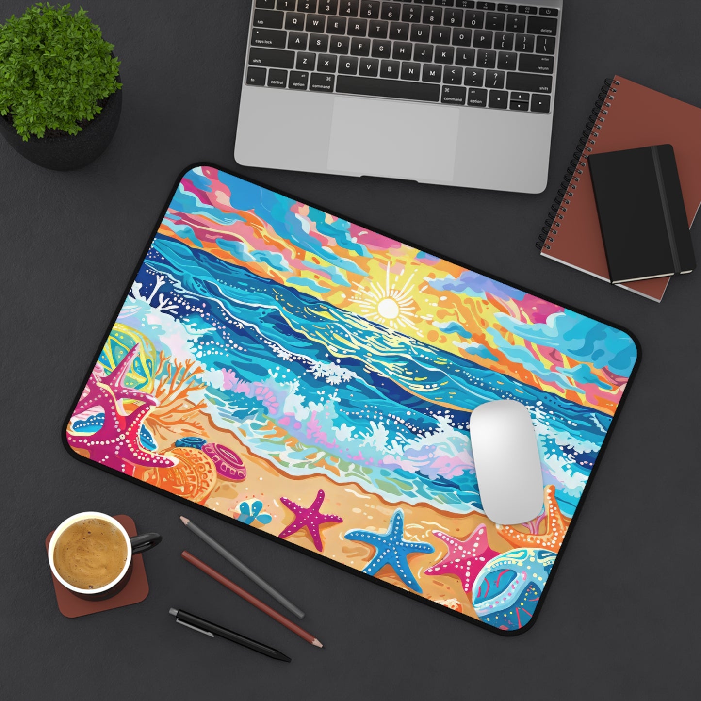 Vibrant Seaside Morning Layers of Energetic Waves, a Radiant Sun, and Colorful Seashells Extended Gaming Mouse Pad  Desk Mat  - 3 Sizes