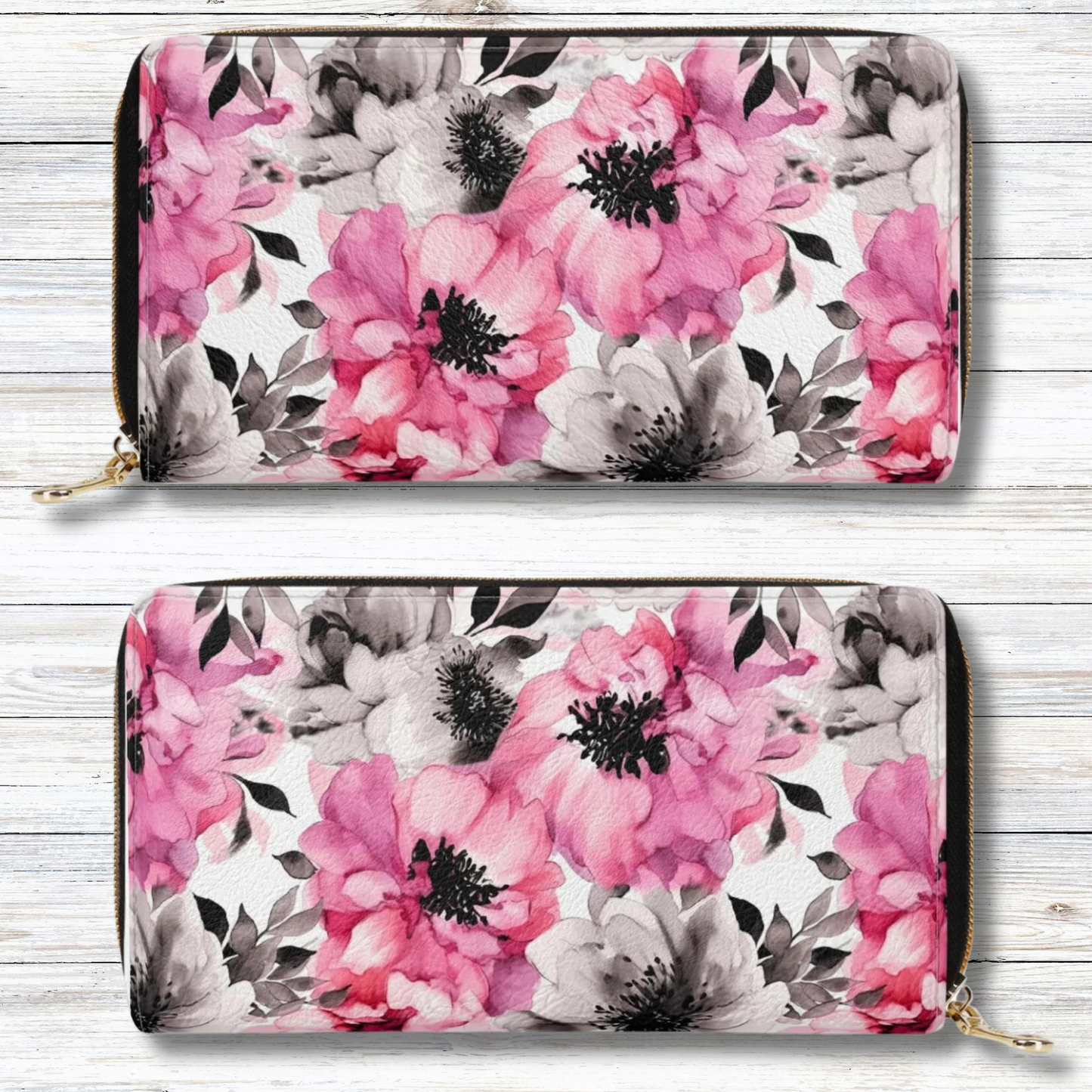 Graceful Elegance: Large Pink and Grey Watercolor Flower Design Leather Wallet (PU)