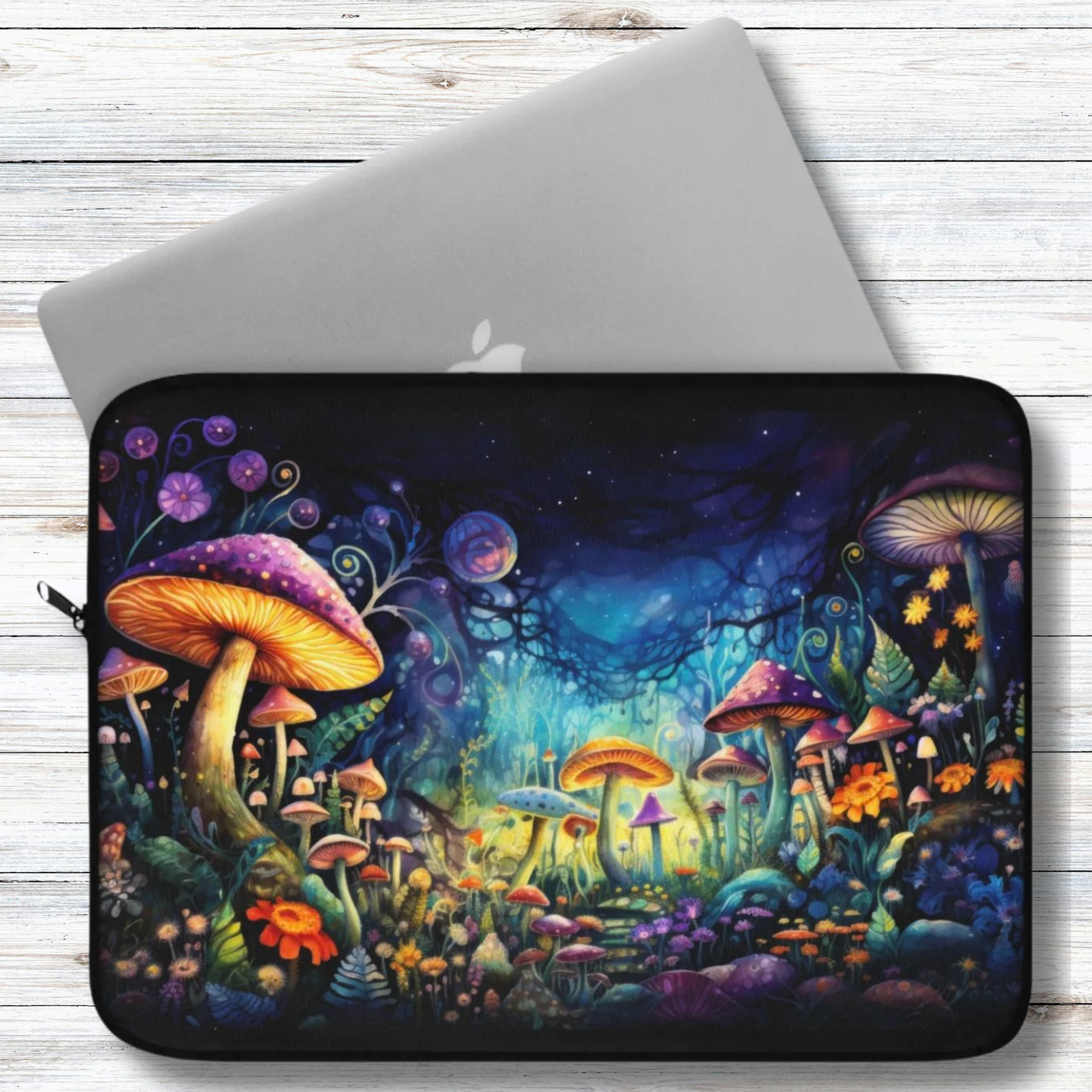 Fantasy Neon Nighttime Mushroom and Flower Garden - Laptop or Ipad Protective Sleeve 3 Sizes