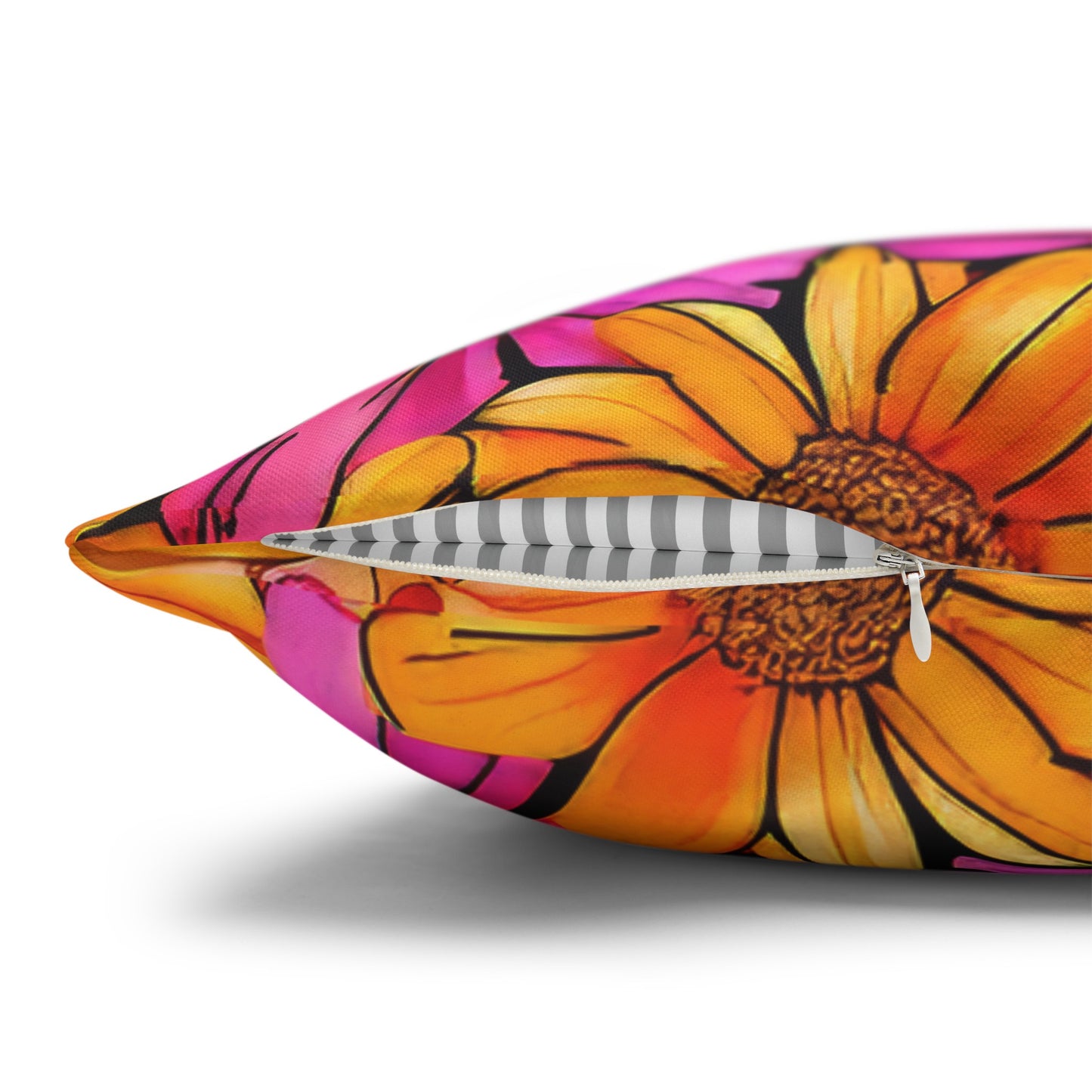 Vibrant Daisy Delight with Bold Orange and Pink Spun Polyester Square Pillowcase 4 Sizes