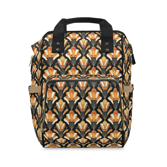 Art Deco Inspired Streamlined Geometric Florals in Orange and Black Multifunctional Diaper Backpack