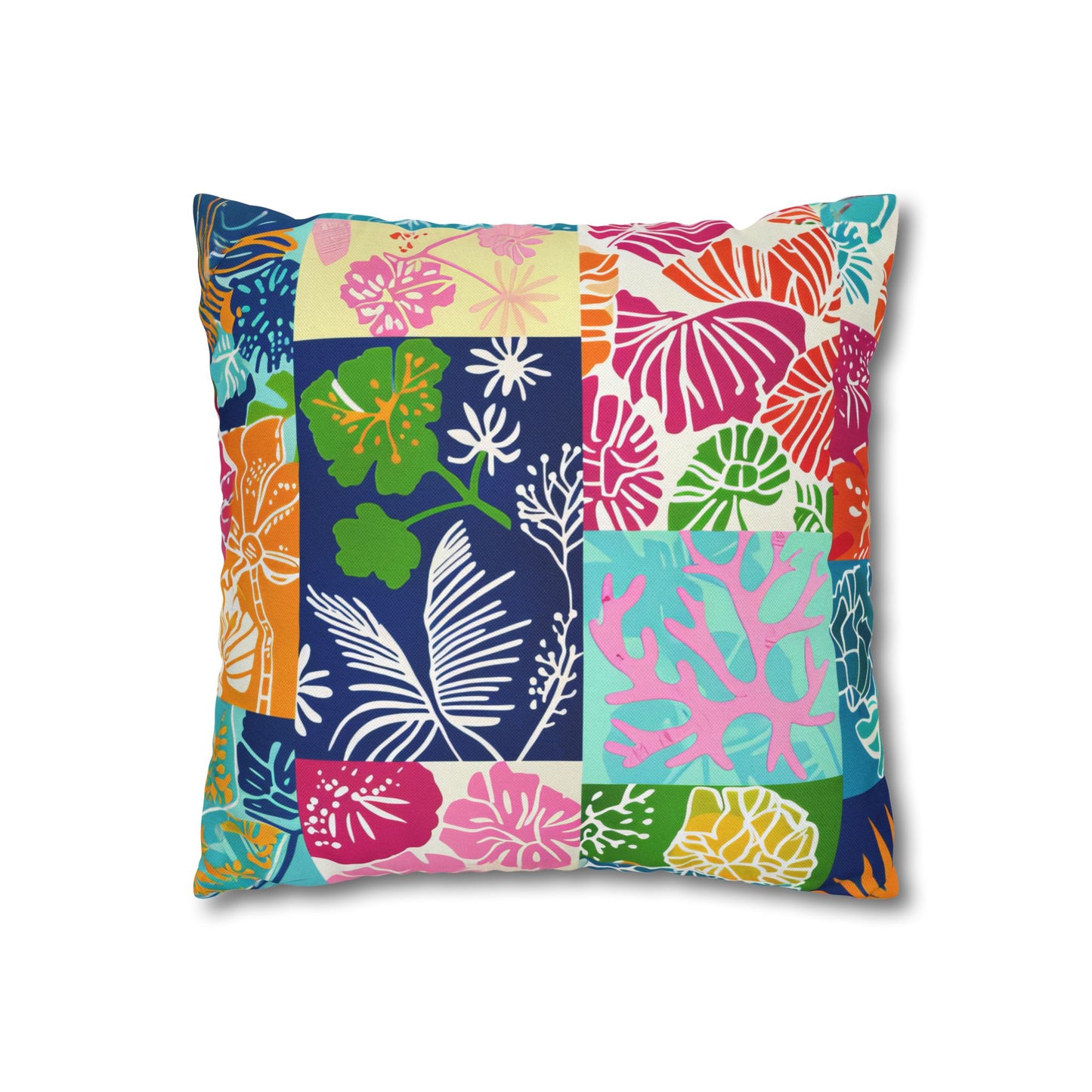 Vibrant Mosaic of Tropical Unique Shapes and Hues, from Vivid Oranges to Deep Blue Leaves and Flowers Spun Polyester Square Pillowcase 4 Sizes