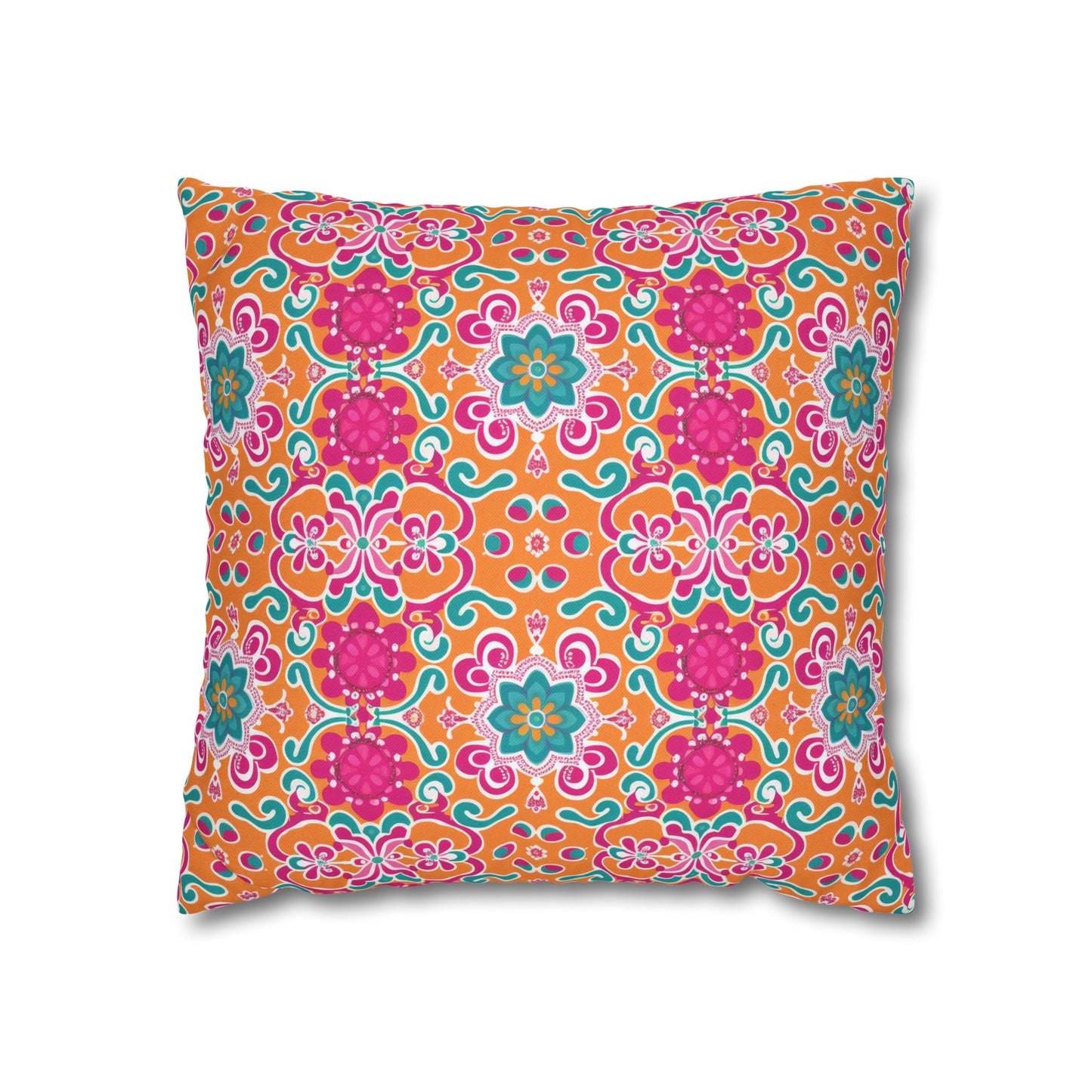 Kaleidoscope of Warm Tangerine, Lush Teal, and Lively Pink Blooms Polyester Square Pillowcase 4 Sizes