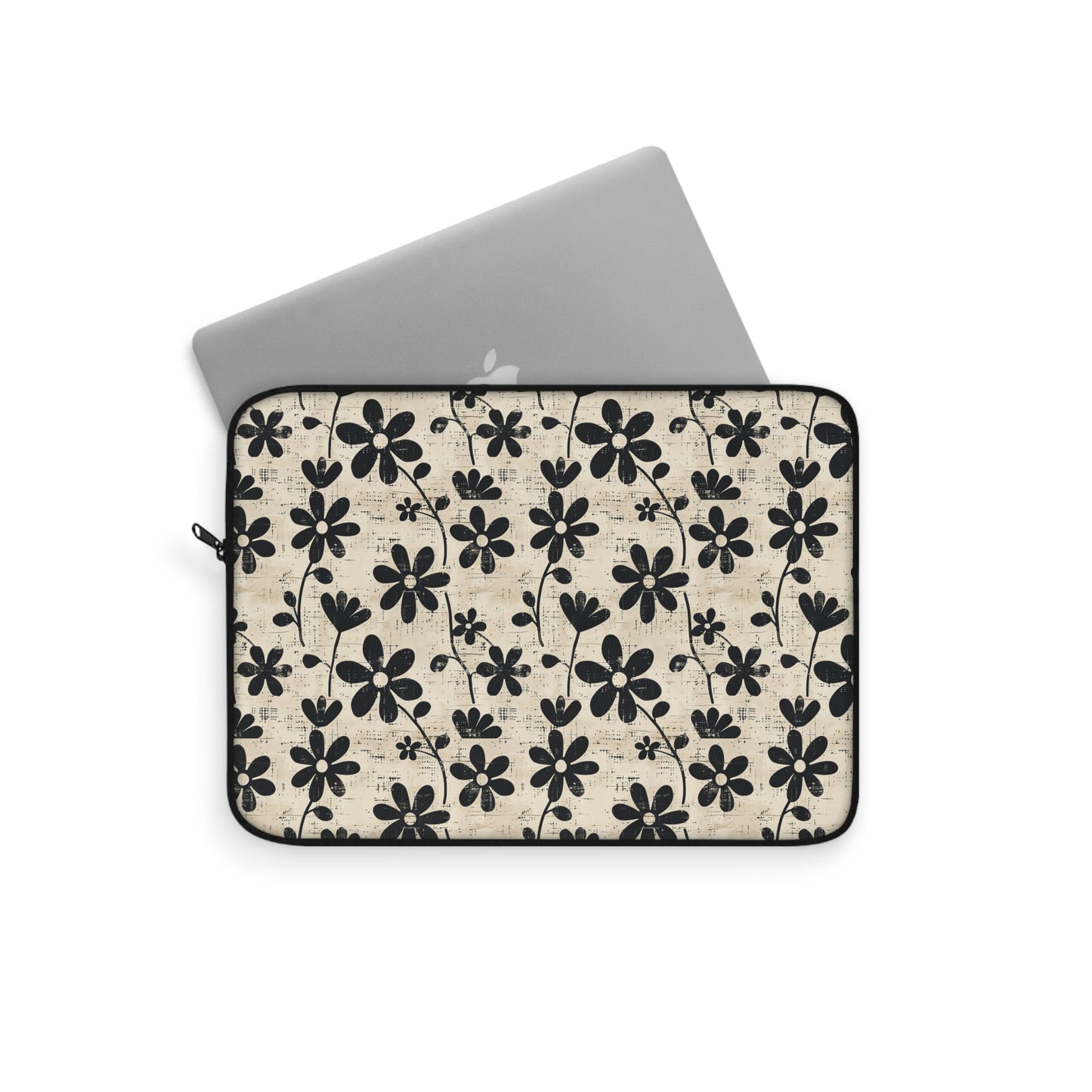 Distressed Black Floral on Beige Background Laptop or Ipad Protective Sleeve 3 Sizes Available