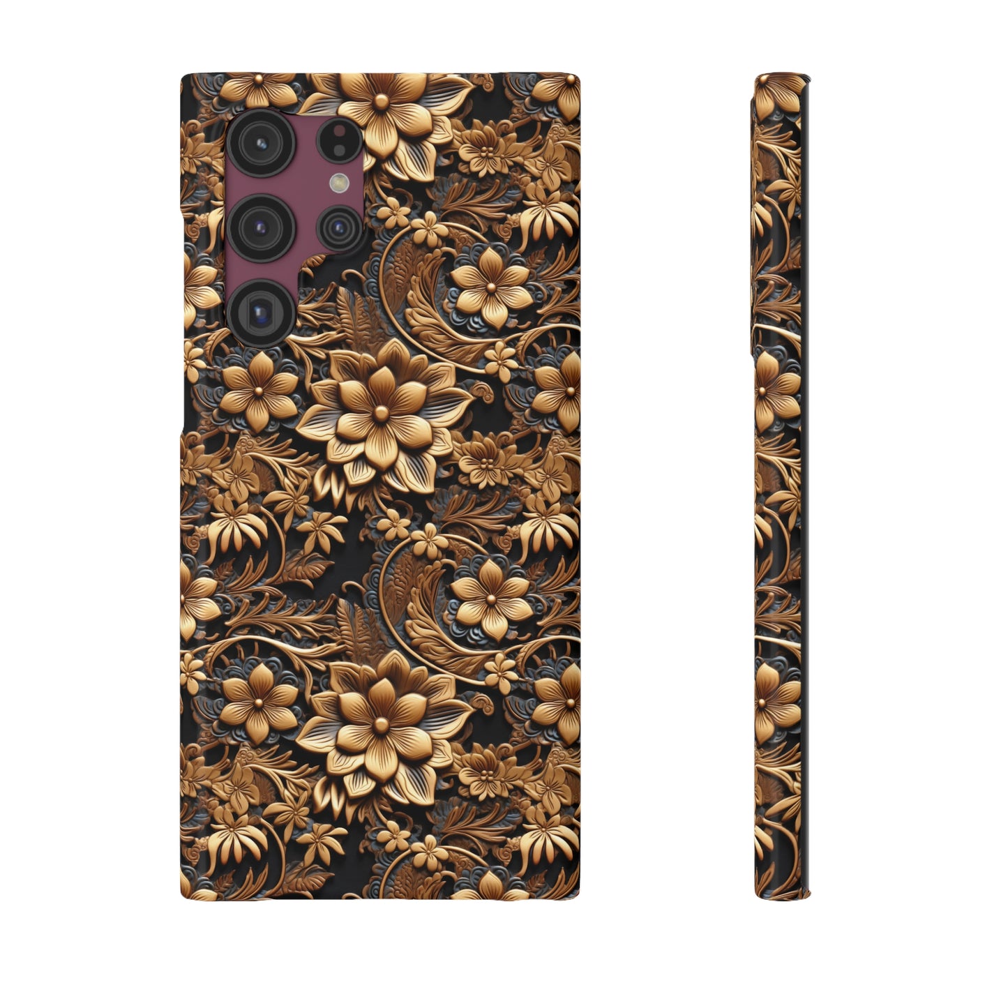 Tooled Gold Leather Flowers with Blue Accent Print Design Samsung Slim Cases