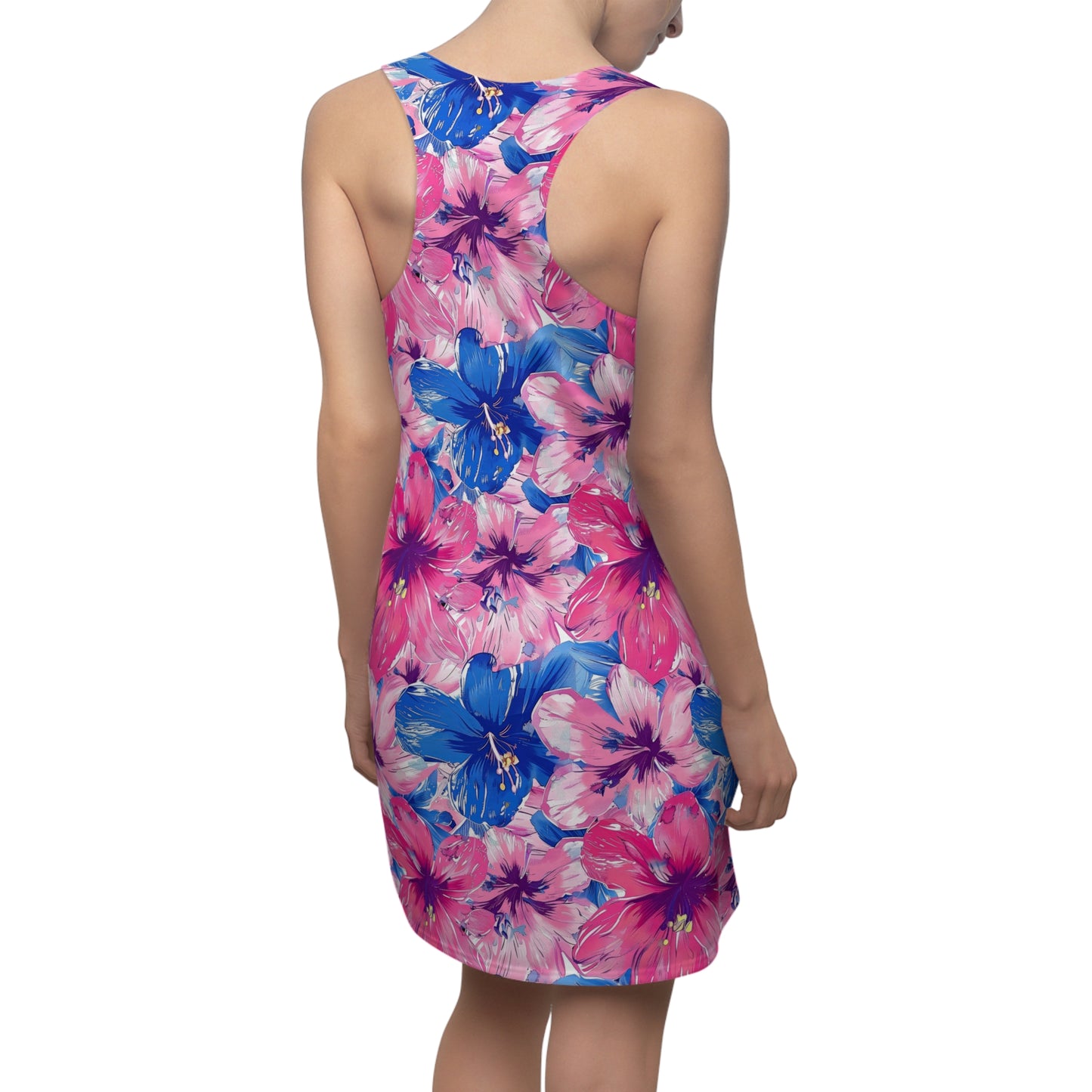 Blooming Bliss: Large Pink and Blue Blossoms in Full Bloom Women's Racerback Dress XS - 2XL