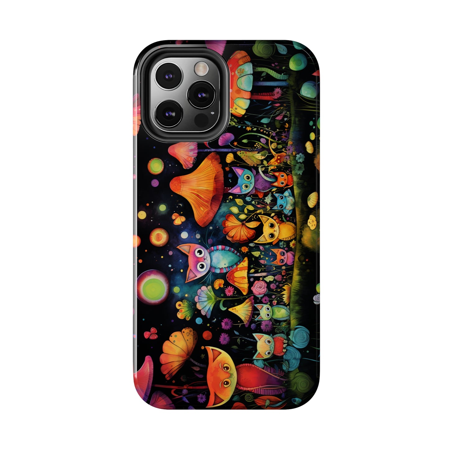 Mystical Cats Amidst a Garden of Flowers and Mushrooms, Beneath a Starry Sky Iphone Tough Phone Case