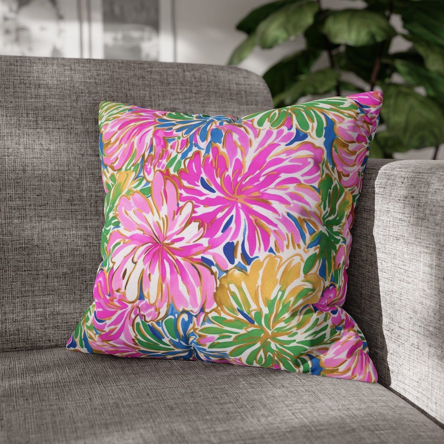 Pastel Bouquet: Large Blooms of Pink, Gold, and Blue in Watercolor Spun Polyester Square Pillowcase 4 Sizes