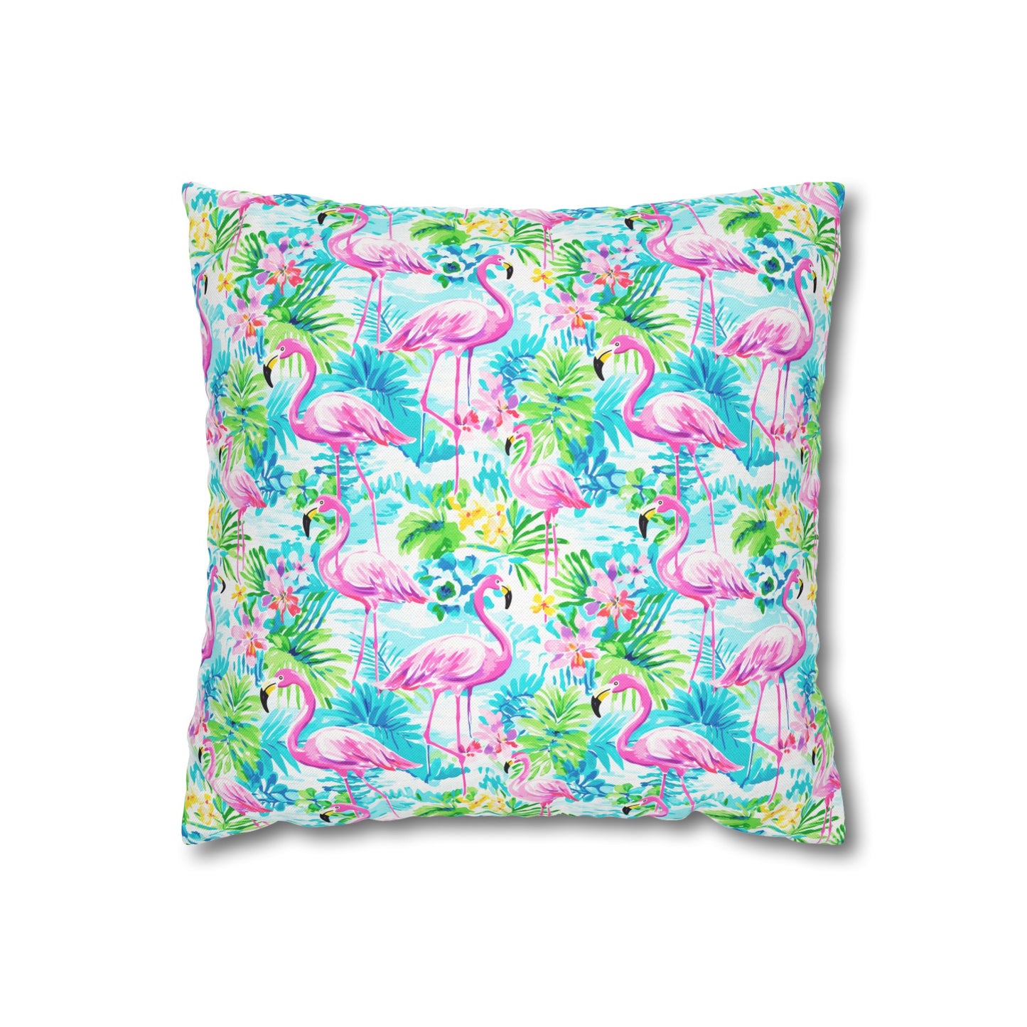 Tropical Flamingo Haven: Surrounded by Flowers and Palm Trees Spun Polyester Square Pillowcase 4 Sizes