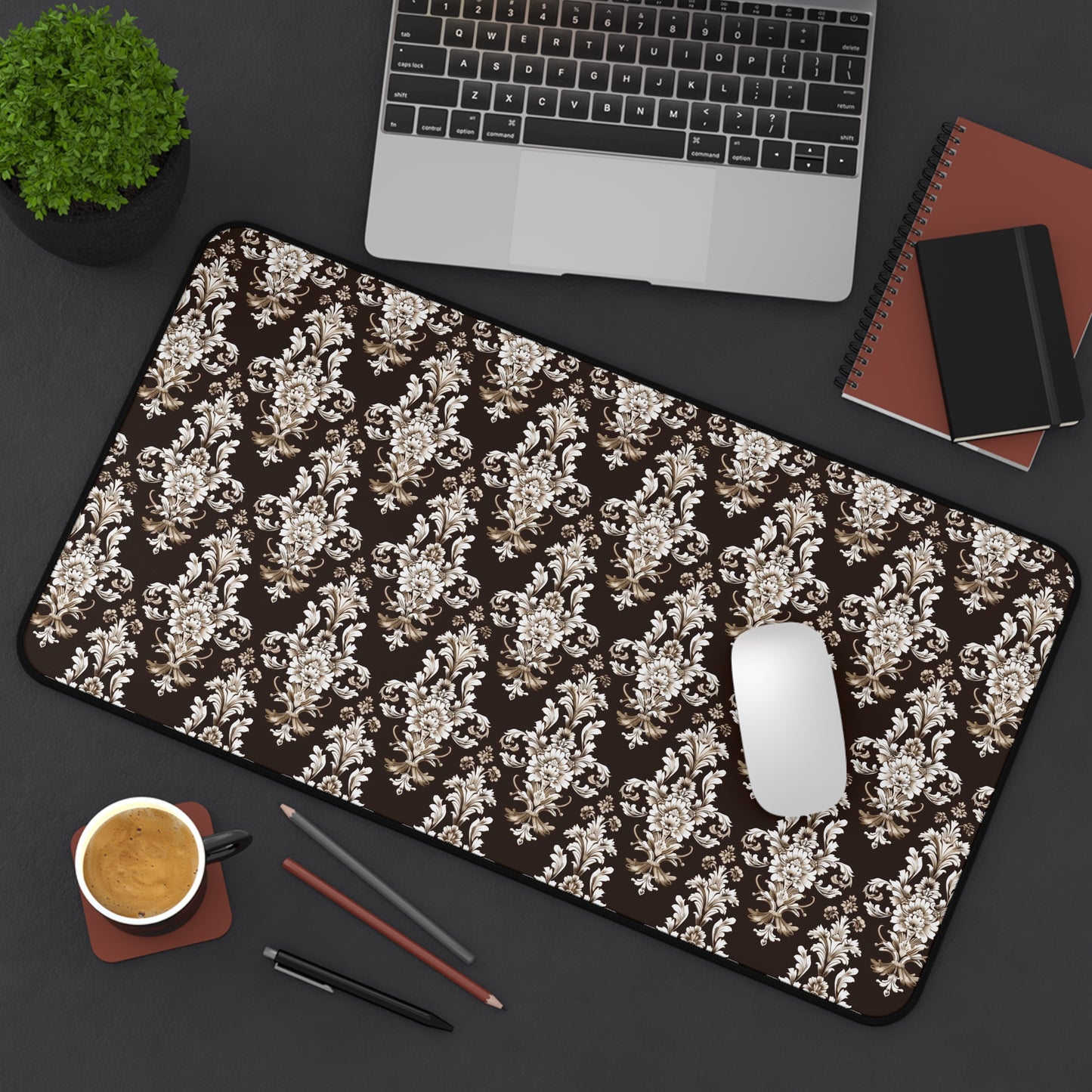 Elegant Rococo Pattern of Intricate Brown and White Floral Scroll Design Gaming Mouse Pad  Desk Mat  - 3 Sizes