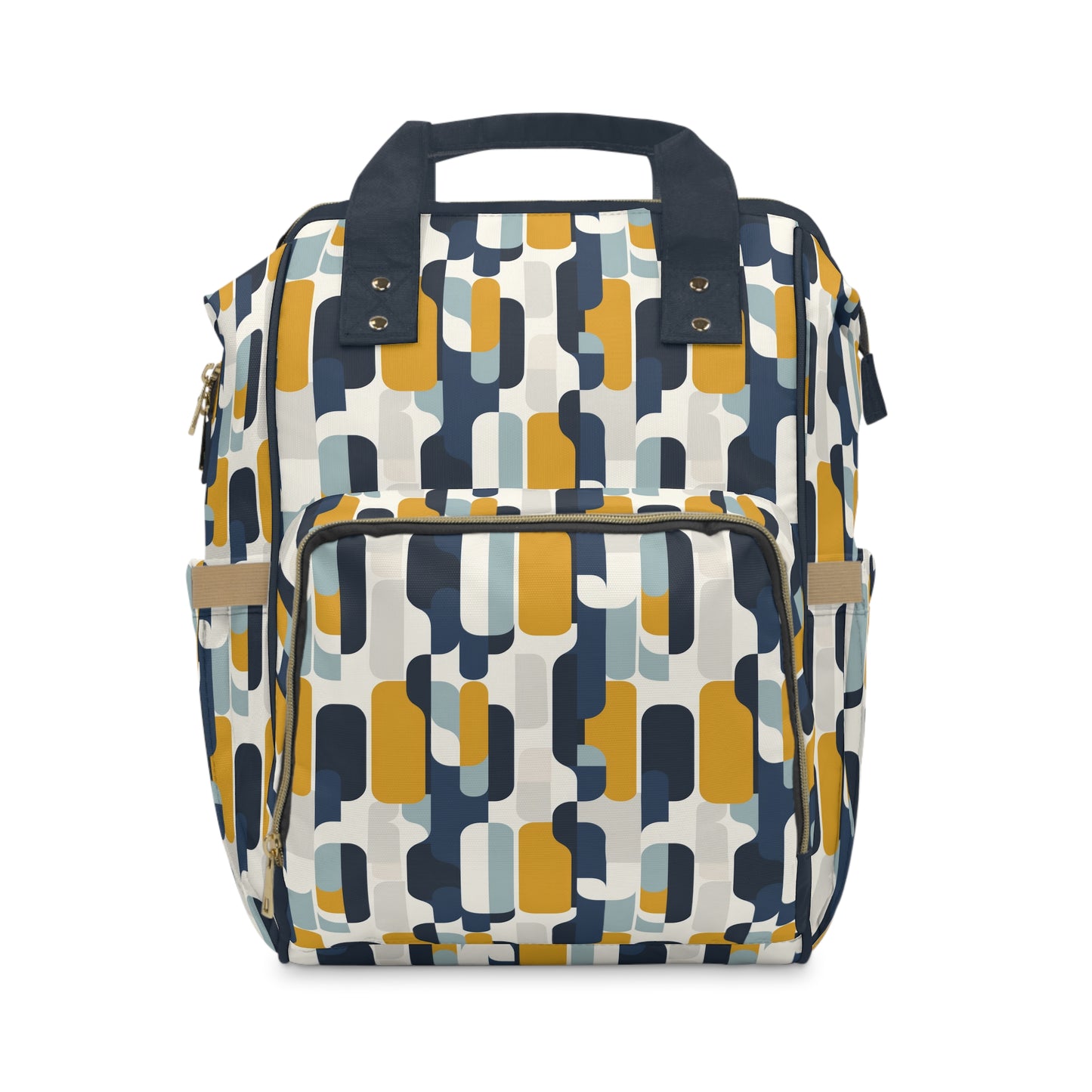 Modern Retro with Bold Geometric Pattern in Mustard and Navy  Multifunctional Diaper Backpack