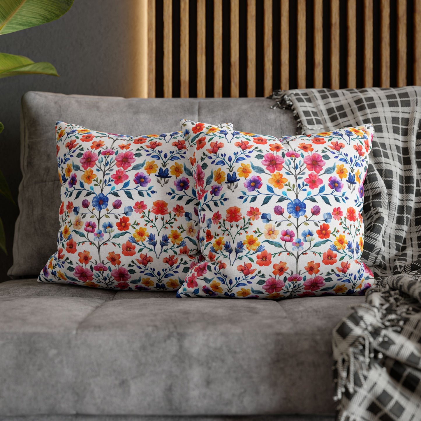 Botanical Symphony with Vibrant Watercolor Flowers  Spun Polyester Square Pillowcase 4 Sizes