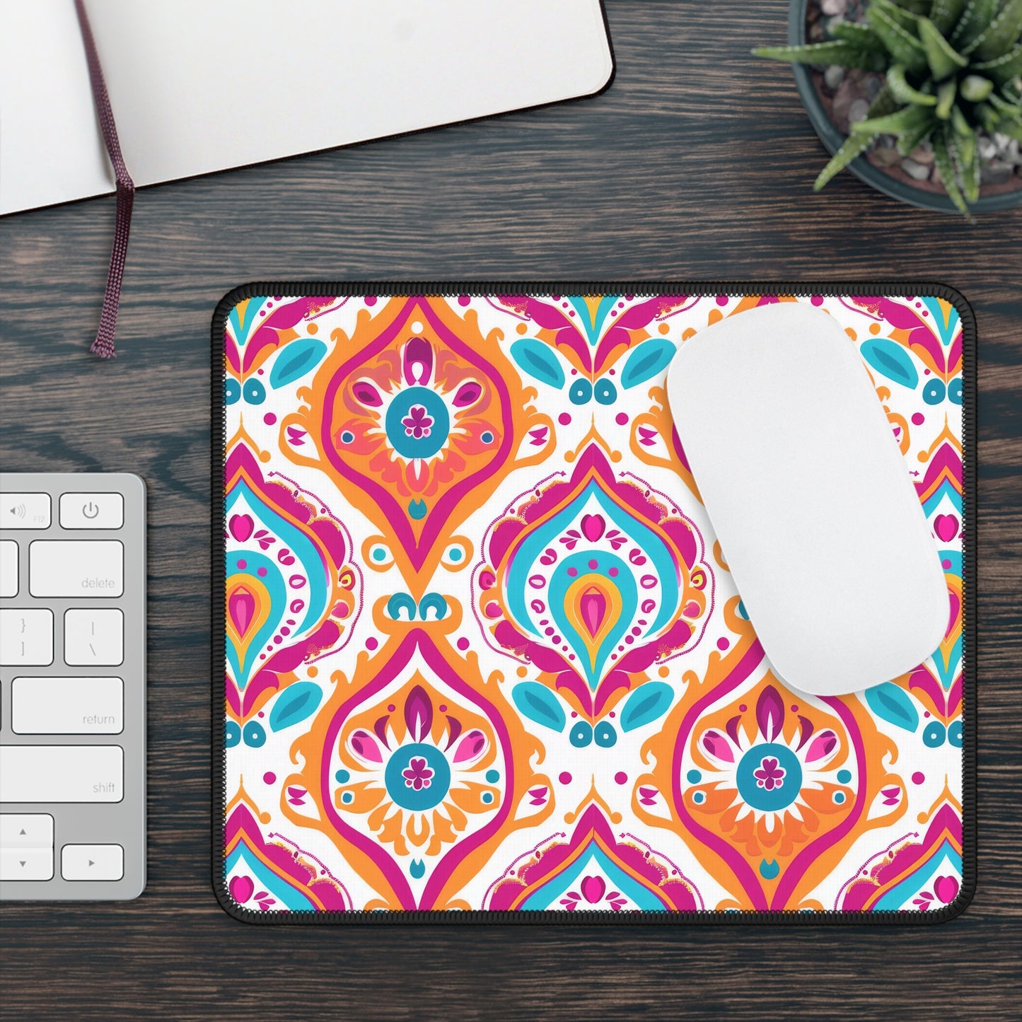 Bohemian Rapture of Floral Harmony in Lush Tangerine and Cerulean Gaming Mouse Pad with Finished Edges