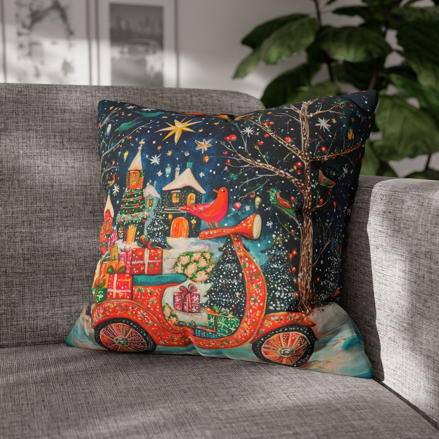 Yuletide Express Festive Scooter Filled with Gifts Spun Polyester Square Pillowcase 4 Sizes