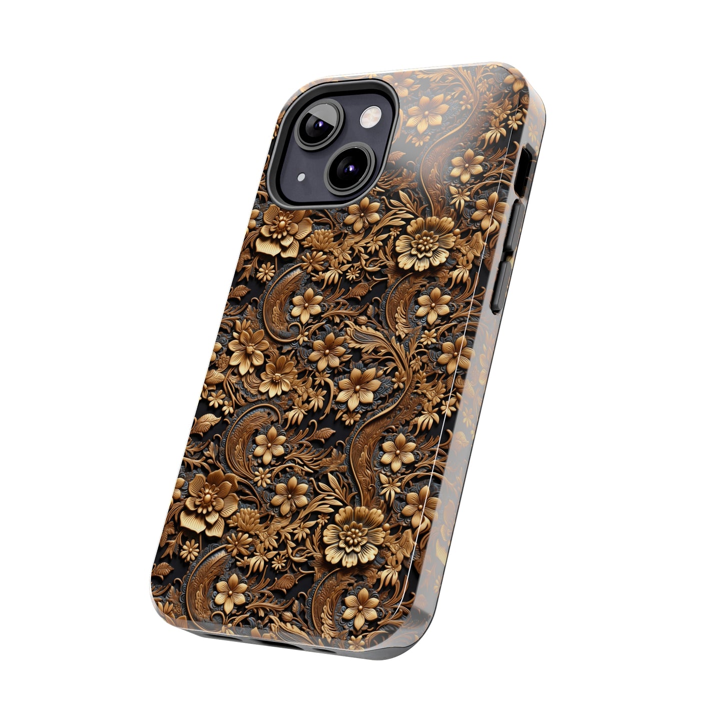 Tooled Leather Large Gold Flowers with Blue Leaf Swirl Accents Print Design Iphone Tough Phone Case