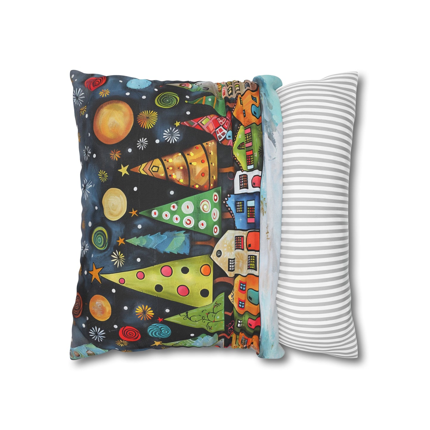 Holiday Haven: Abstract Folk Art Christmas Village Adorned with Christmas Trees Scene Spun Polyester Square Pillowcase 4 Sizes