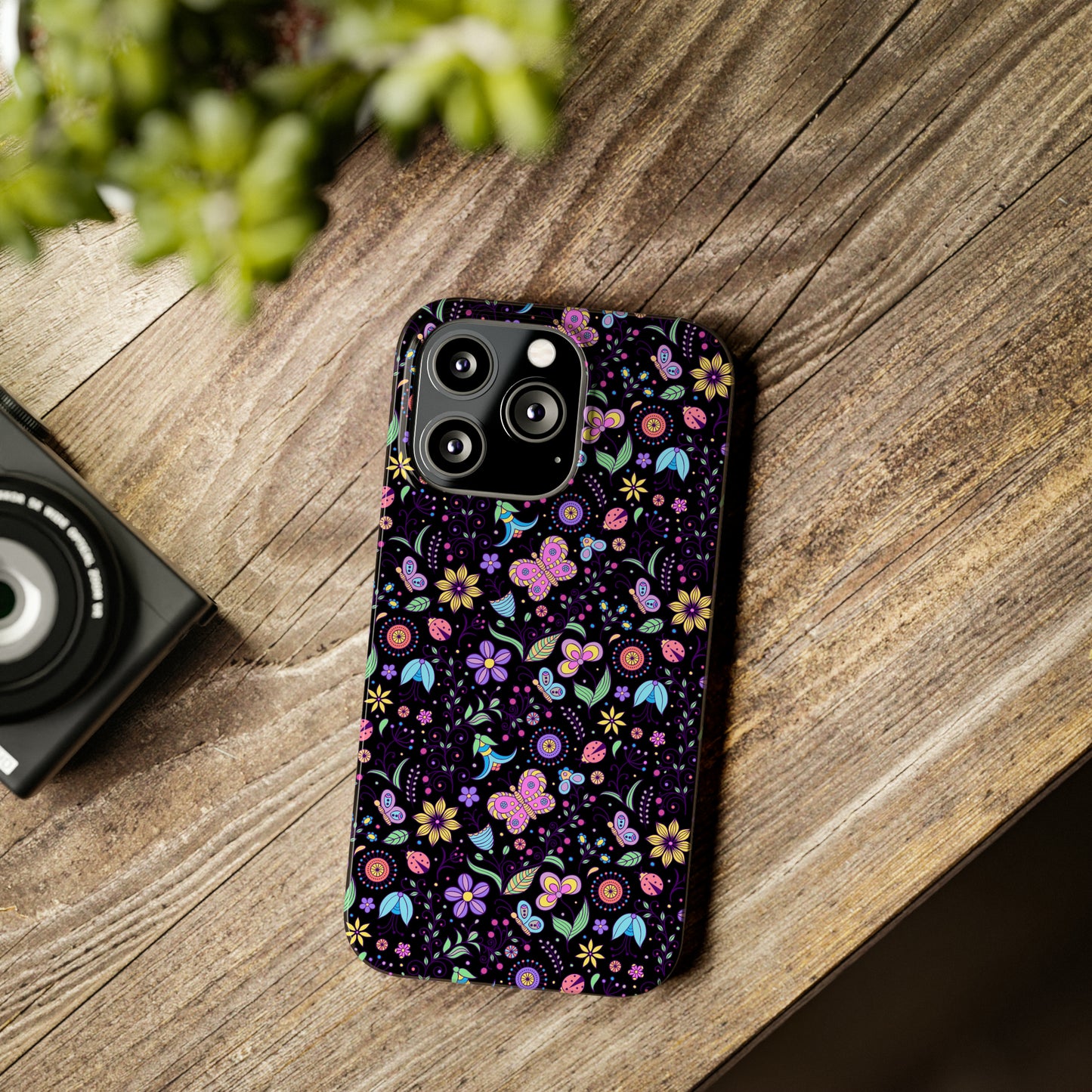 Butterflies and Flowers Black Background Iphone 15-12 Slim Phone Case