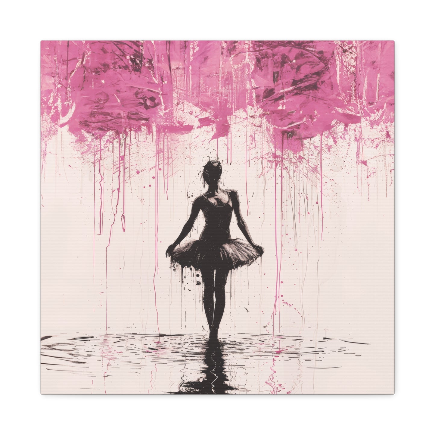 Dreamlike Reverie: Ballerina Dancing Amidst Pink Clouds and Gentle Rain Print on Canvas Gallery - 13 Sizes