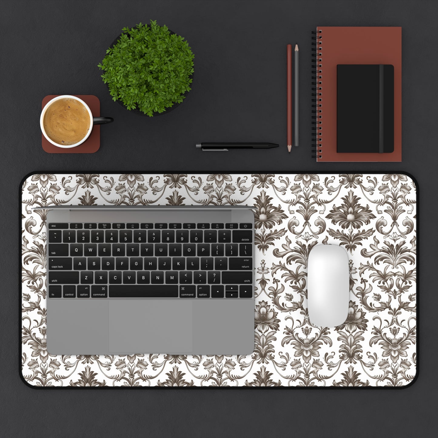 Timeless Rococo Elegance in Detailed Brown and White Floral Pattern Gaming Mouse Pad  Desk Mat  - 3 Sizes