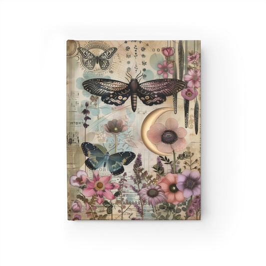 Mystical Musical Celestial Pink Flowers and Butterflies Crescent Moon - Hardcover Ruled Line Journal 5" x 7"