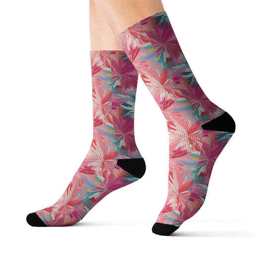 Whispering Sunset: Muted Pinks, Blues, and Gold Watercolor Flowers Ribbed Crew Socks