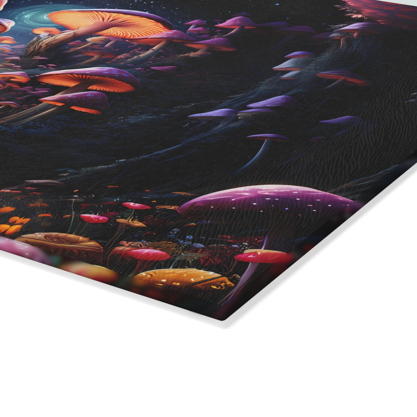 Psychedelic Black Light Glowing Mushroom Nighttime Scene - Glass Cutting Board  8" x 11" and 11" x 15"