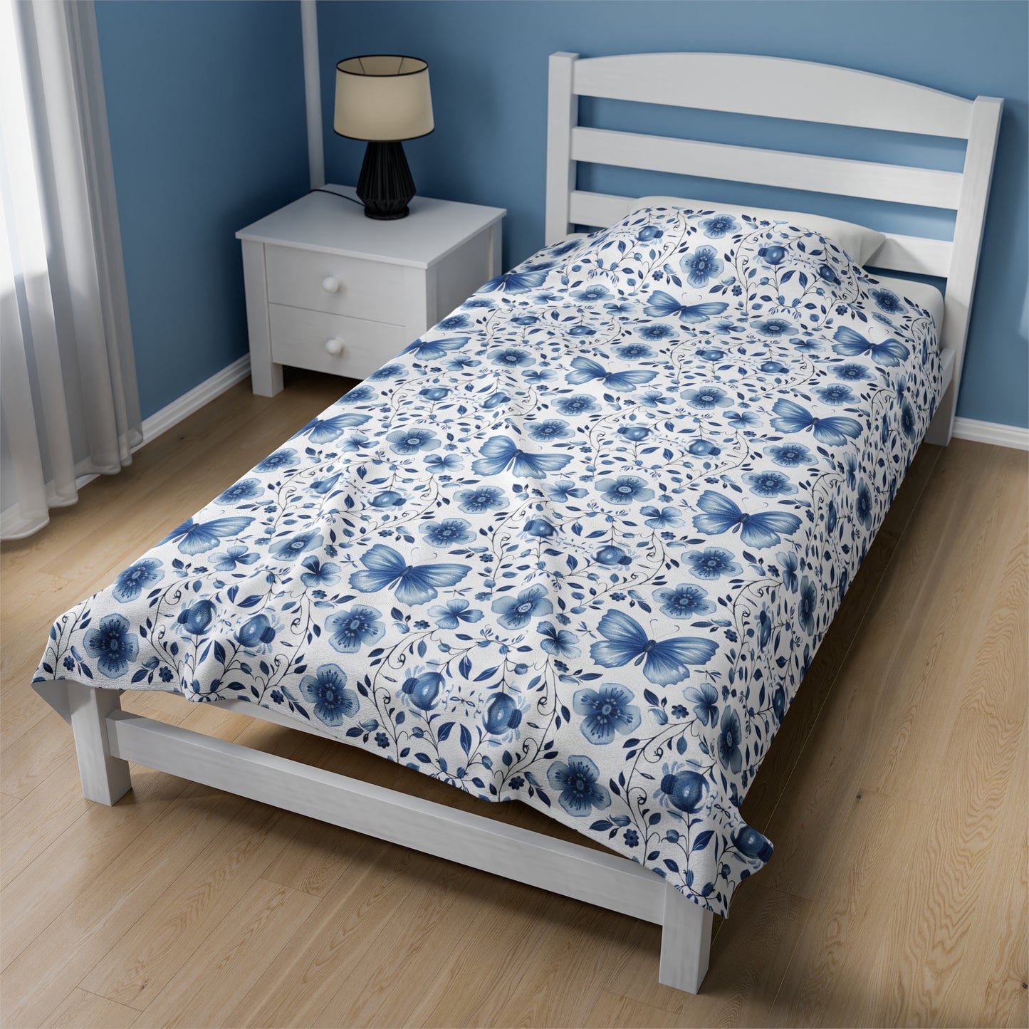 Enchanted Blue Butterflies and Blooms on White Velveteen Plush Blanket 3 Sizes