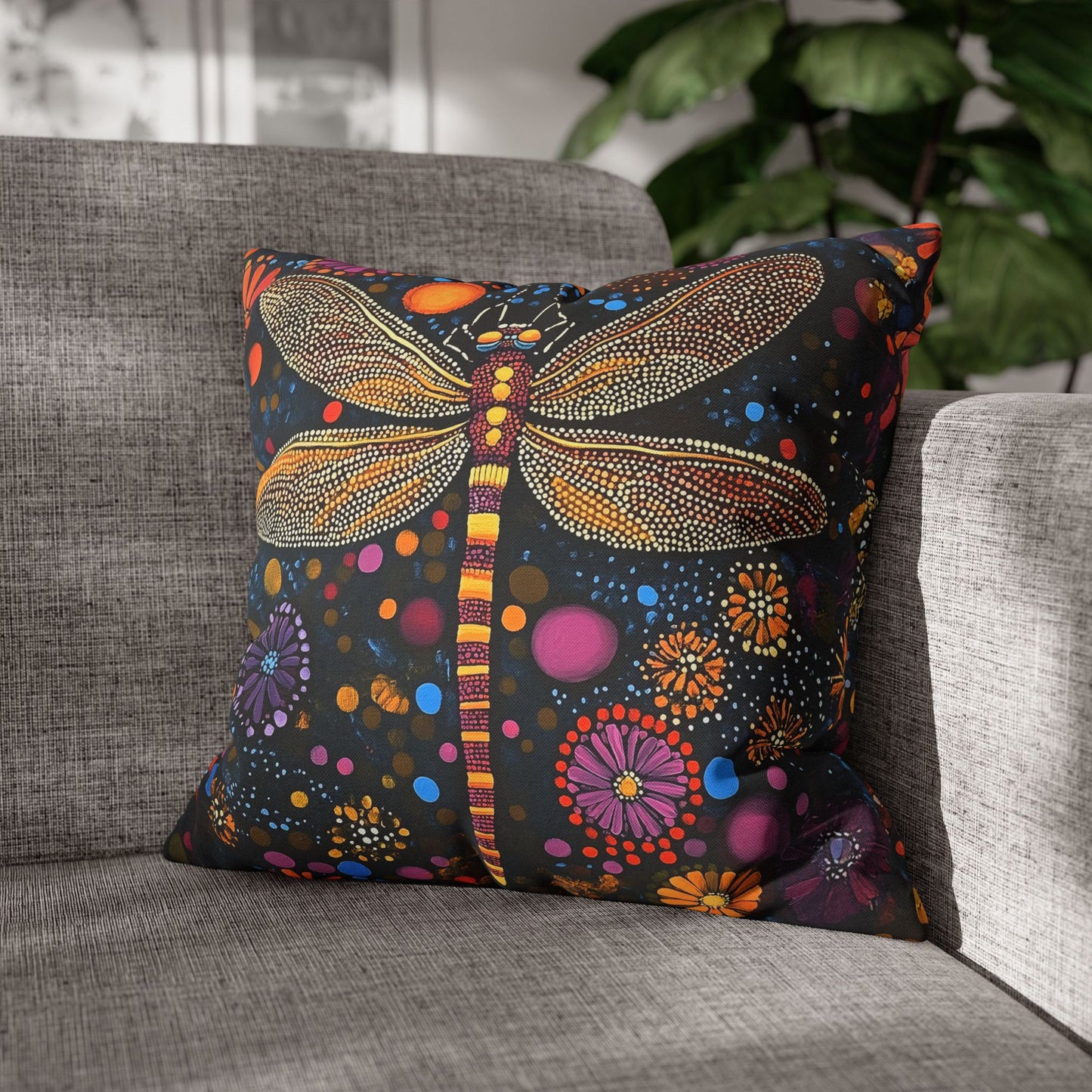 Vibrant Dragonfly Amidst a Kaleidoscope of Dot-Painted Blooms Spun Polyester Square Pillowcase 4 Sizes