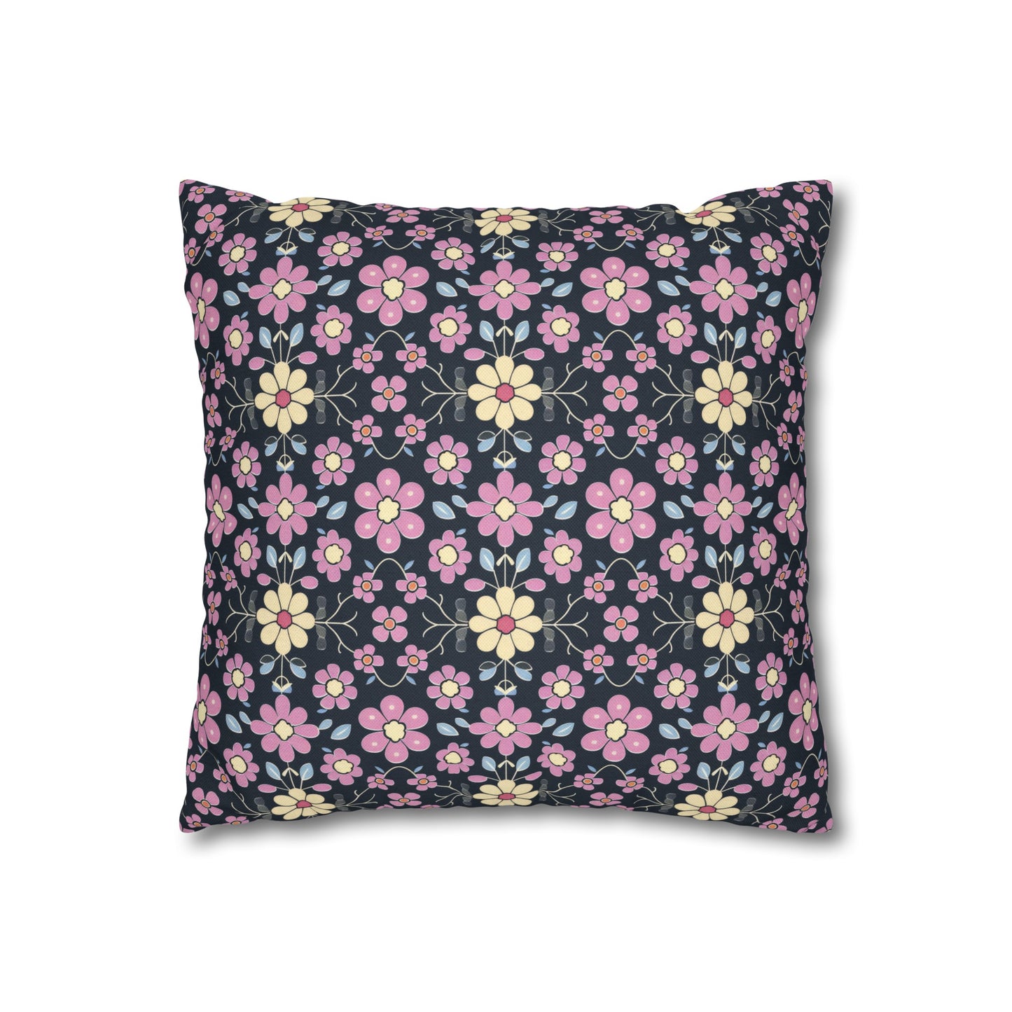 Charming Pastel Pink and Yellow Flowers on Navy Blue Background Spun Polyester Square Pillowcase 4 Sizes