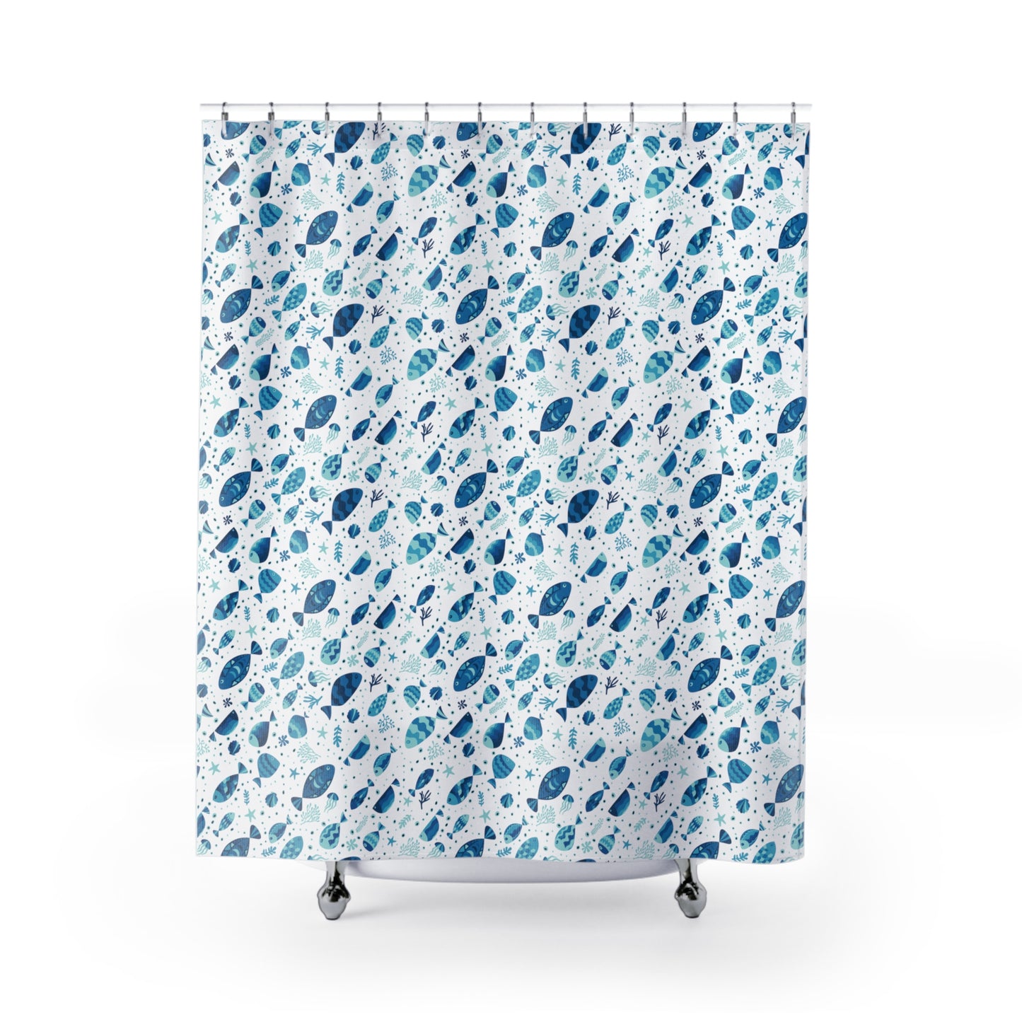 Fish and Stars Ocean Theme Design Bathroom Shower Curtain   71" × 74"