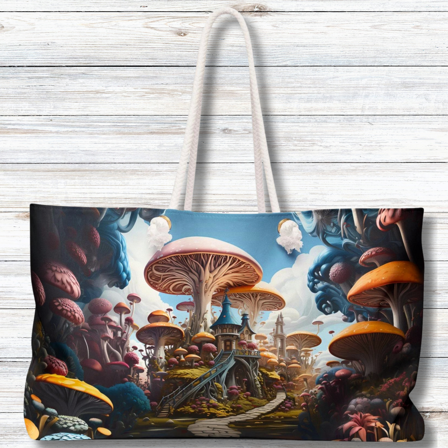 Fantasy Mushroom Paradise House  - Weekender Oversized Canvas Tote Bag 24" × 13"