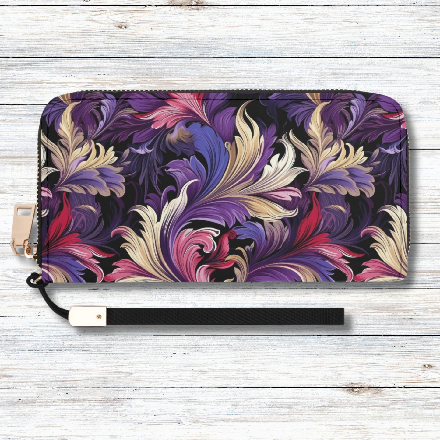 Purple, Gold & Pink Floral Swirls of Filigree Design - Wristlet Wallet Leather (PU)