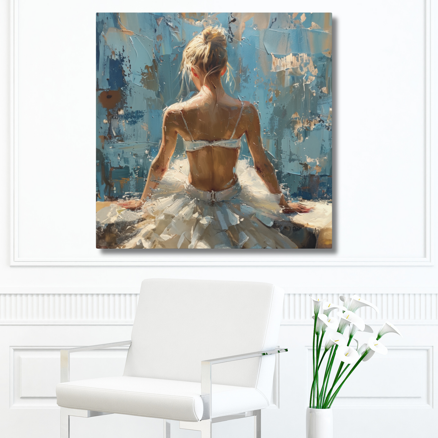 Sunlit Serenity Ballerina in White Dress, Bathed in Sunlight and Blue Skies with Back Turned Print on Canvas Gallery - 13 Sizes