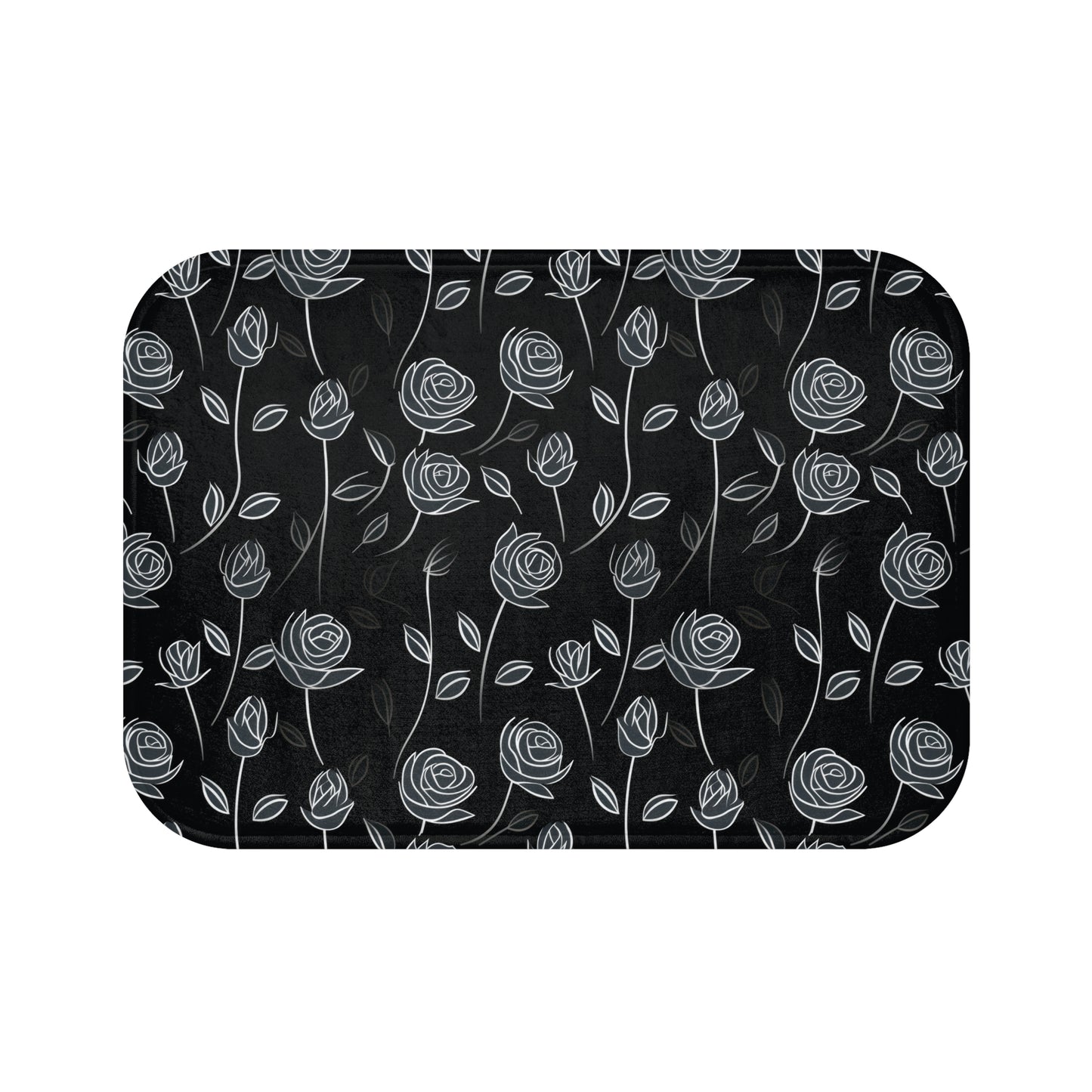 Contrasting Elegance: White Outlined Roses on a Black Background- Bathroom Non-Slip Mat 2 Sizes