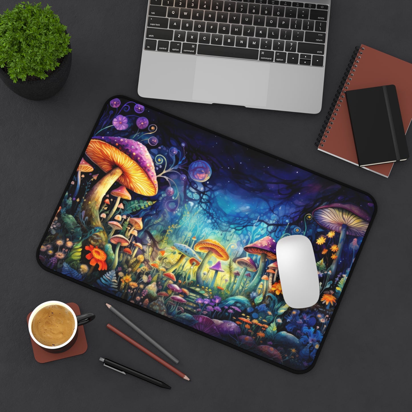 Fantasy Neon Nighttime Mushroom and Flower Garden - Desk Mat Extended Gaming Mouse Pad 3 Sizes