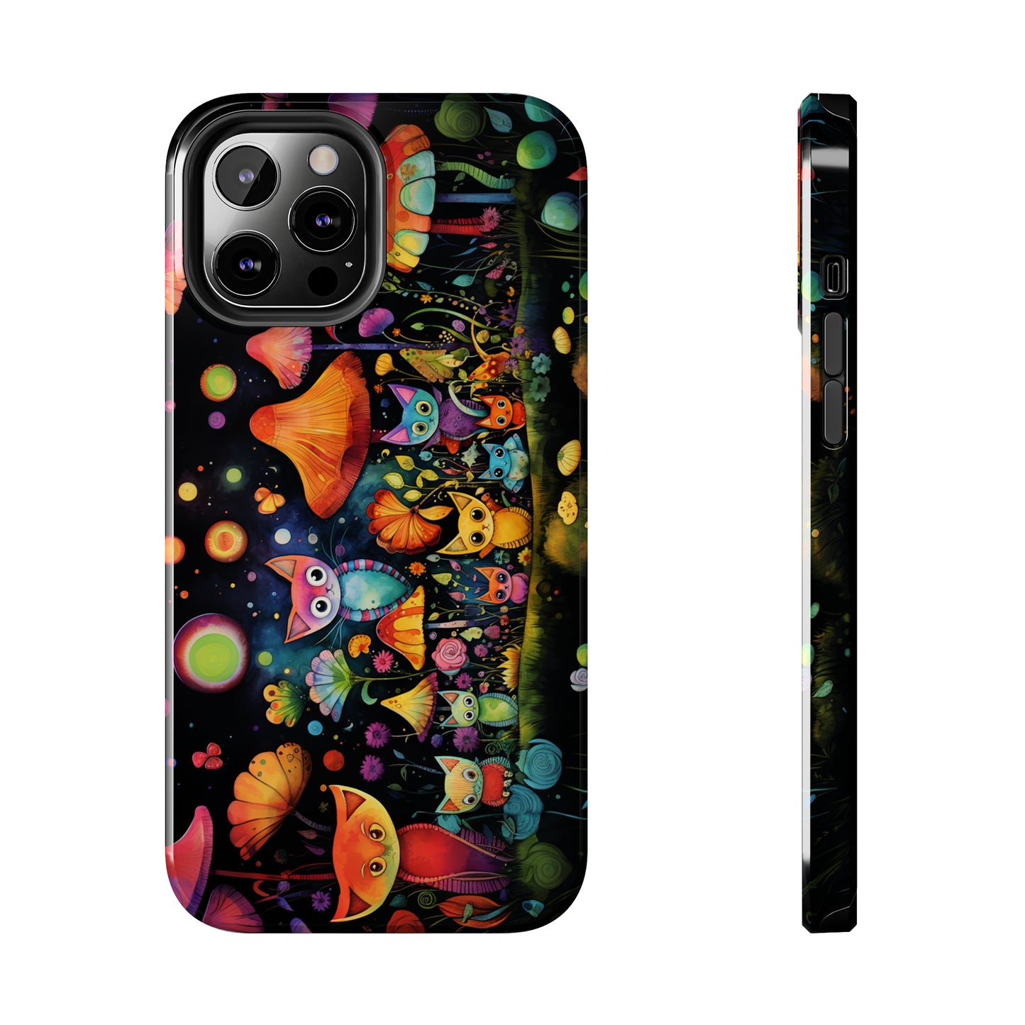 Mystical Cats Amidst a Garden of Flowers and Mushrooms, Beneath a Starry Sky Iphone Tough Phone Case